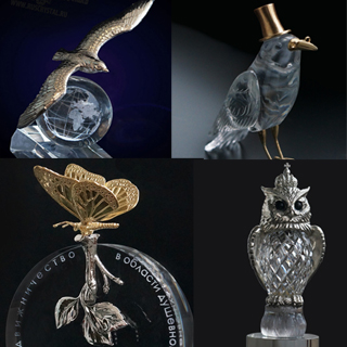корпоративные сувениры и подарки из хрусталя стекла в сочетании  художественного металла 